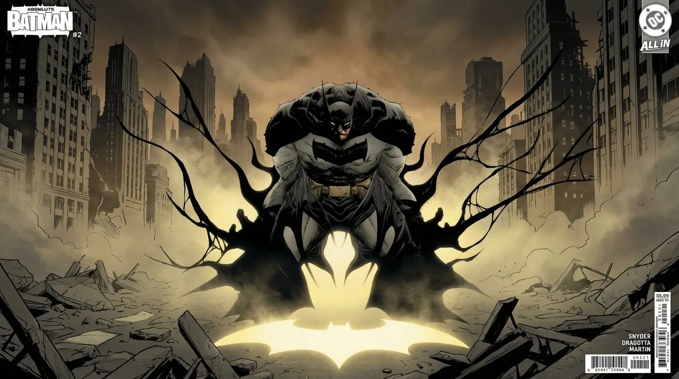 Ilustração digital em formato horizontal 16:9 mostrando o Absolute Batman em uma Gotham City destruída. No centro, o herói aparece com um porte físico extremamente massivo e imponente, vestindo o traje cinza com o grande morcego preto no peito e uma capa escura estilizada com pontas que lembram teias ou garras biológicas. À sua frente, um holofote no chão projeta o símbolo do morcego brilhando intensamente em luz amarela através da fumaça e dos escombros.
